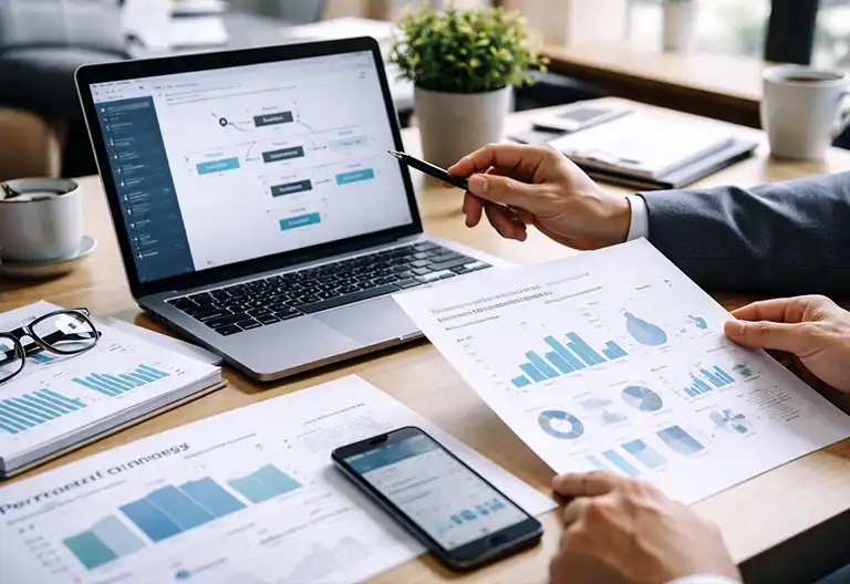 Email sequencing workflow analysis showing B2B email sequences and campaign performance on a laptop desk”