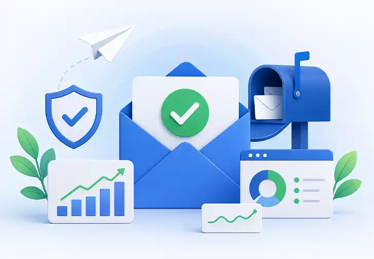 Modern SaaS illustration representing an email warmup tool with secure email delivery, inbox health monitoring, sender reputation analytics, and improved email deliverability.