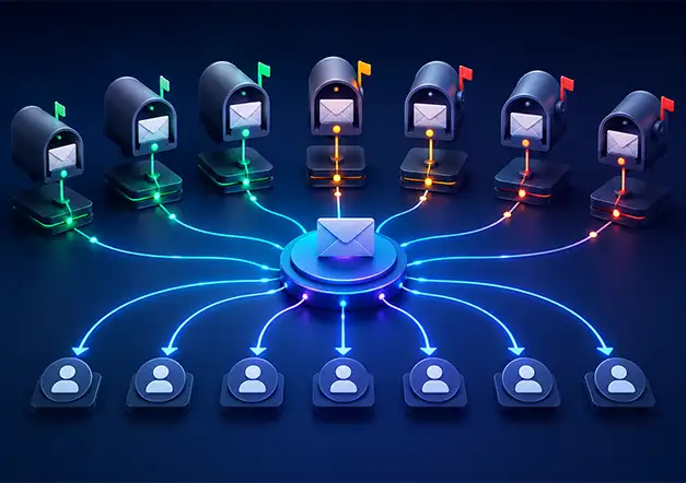 Illustration of inbox rotation for cold email showing multiple sender inboxes distributing outbound emails across recipients to protect deliverability and inbox health.
